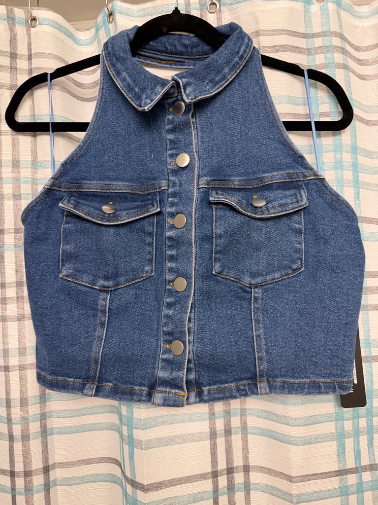 Haute Monde Blue Denim Button Front Sleeveless Jacket